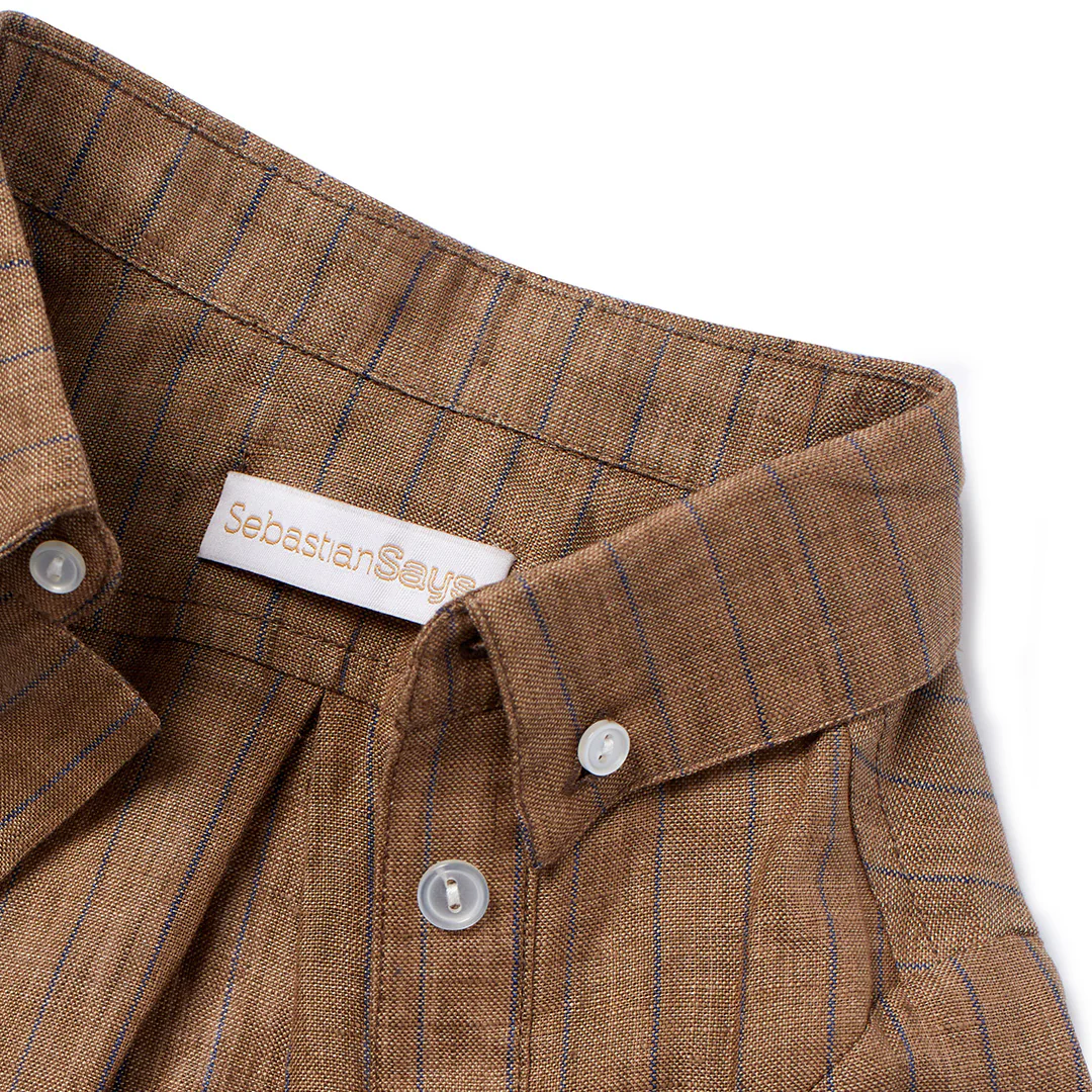 French Linen Shirt - Brown/Blue Pinstripe - Image 4