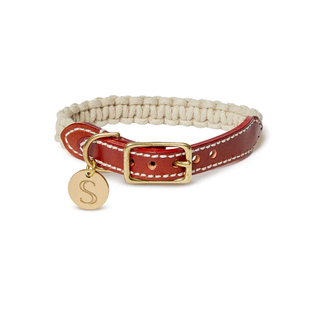 Macramé/Leather Dog Collar - Cognac/Beige - Image 2