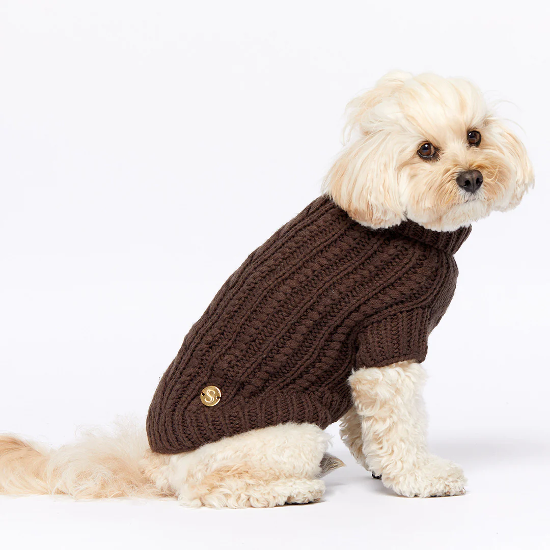 Merino Wool Cable Knit Dog Sweater - Brown - Image 6